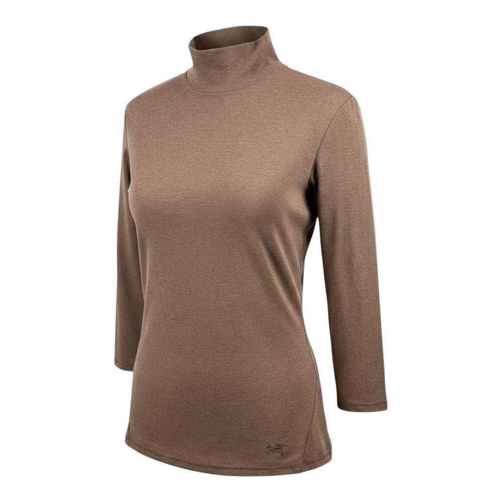 Arc'teryx Lumin Mock Neck : brown long sleeve mock neck top with curved hem and